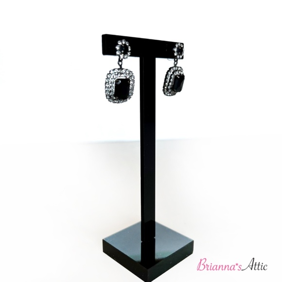 Black stone Crystal Silver Rhinestone Dangle Drop Clip-on Earrings - Picture 6 of 8